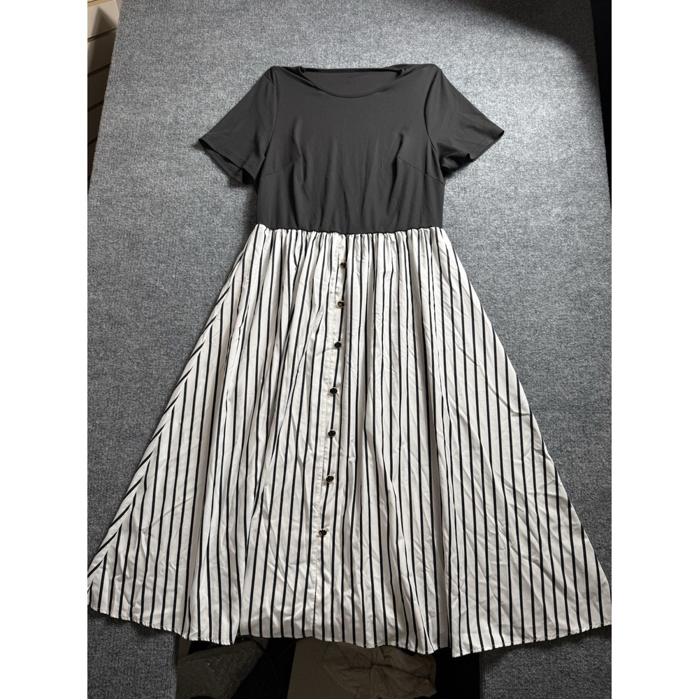 Black White Vertical Stripe Midi Dress Colorblock Short Sleeve Button Front 3X